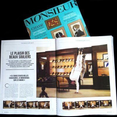Magazine Monsieur, article du bottier Aubercy. Modèle équilibriste Laurent Bienaimé.