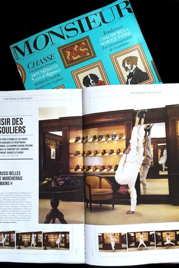 Magazine Monsieur, article du bottier Aubercy. Modèle équilibriste Laurent Bienaimé.