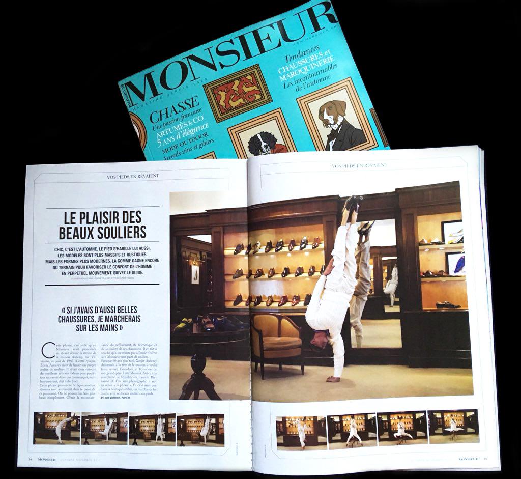 Magazine Monsieur, article du bottier Aubercy. Modèle équilibriste Laurent Bienaimé.