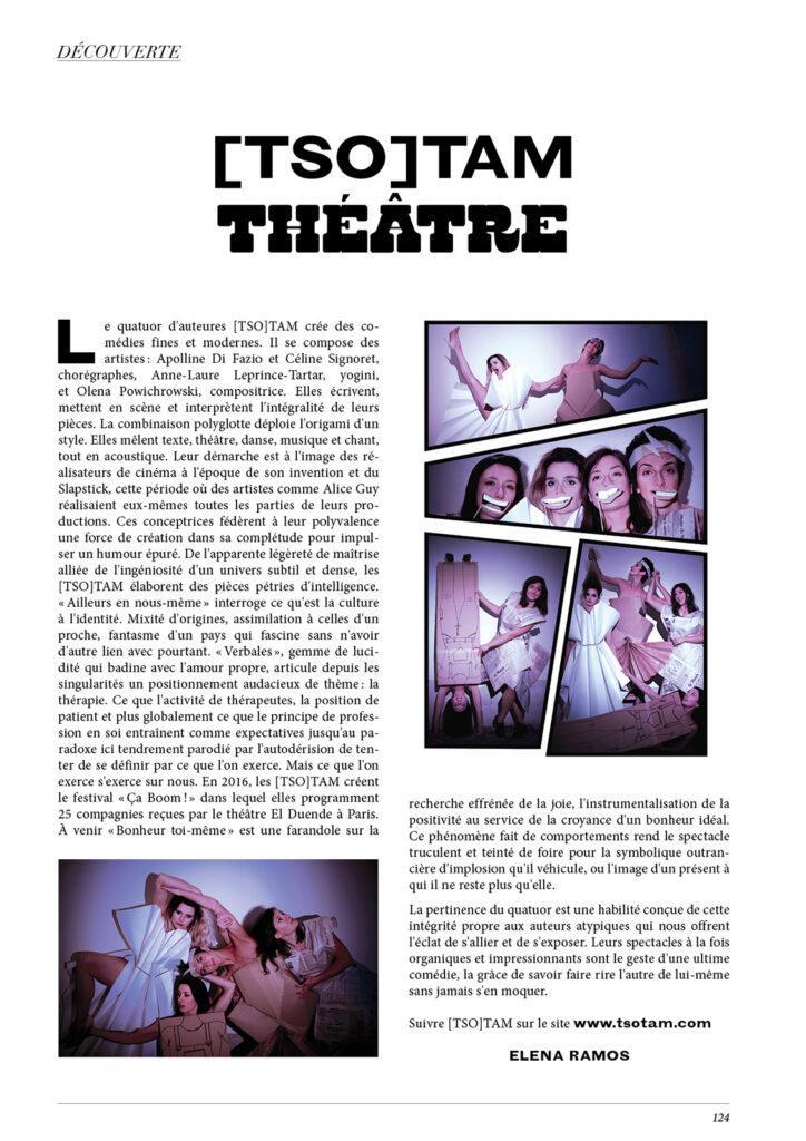 Article, texte et photographies, par Elena Ramos sur le spectacle TSOTAM pour le magazine Faust.