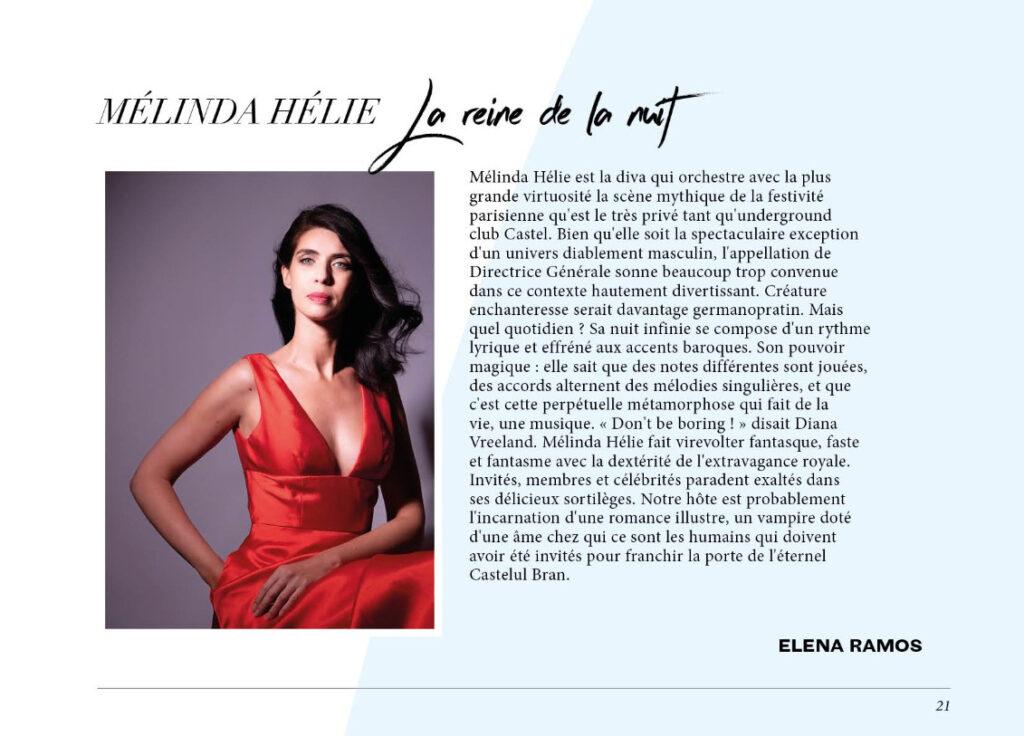 Article d'Elena sur Mélinda Hélie, Directrice Générale du club Castel. Magazine Faust.