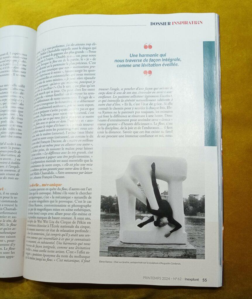 Article sur le Flow dans le magazine Inexploré, l'approche d'Elena artistique et spirituelle de la contorsion.