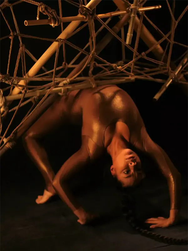 Spectacle TOILE, la créature araignée qui réalise des contorsions ou des capillotractions aériennes, tisse sa toile de cordes et réalise une performance douce et poétique dans un espace de l'événement.