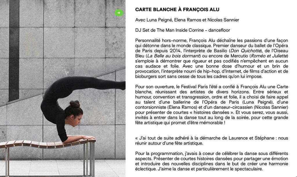 Rôle contorsionniste en duo avec Nicolas Sannier pour la pièce Mes chers parents de François Alu au Festival Paris l'Été 2020.